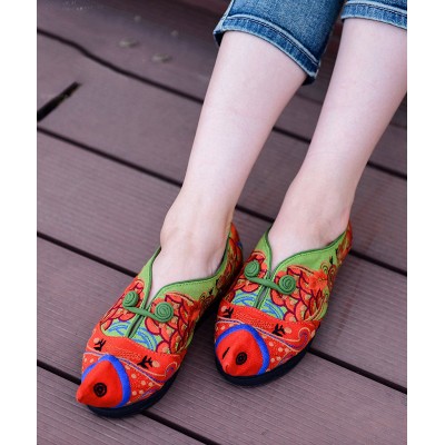 Unique Green Cotton Fabric Flat Shoes For Women Fish Embroideried Pointed Toe Splicing Flat Shoes