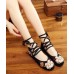 Black Cotton Fabric Embroideried Flats Handmade Cross Strap Flat Feet Shoes