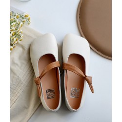 White Flats Cowhide Leather Unique Buckle Strap Flats