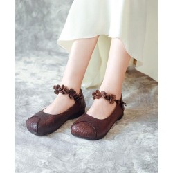 Chocolate Cowhide Leather Buckle Strap Loafers For Women