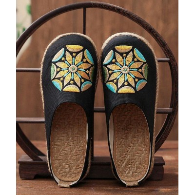 Black Embroideried Cotton Linen Slippers Shoes